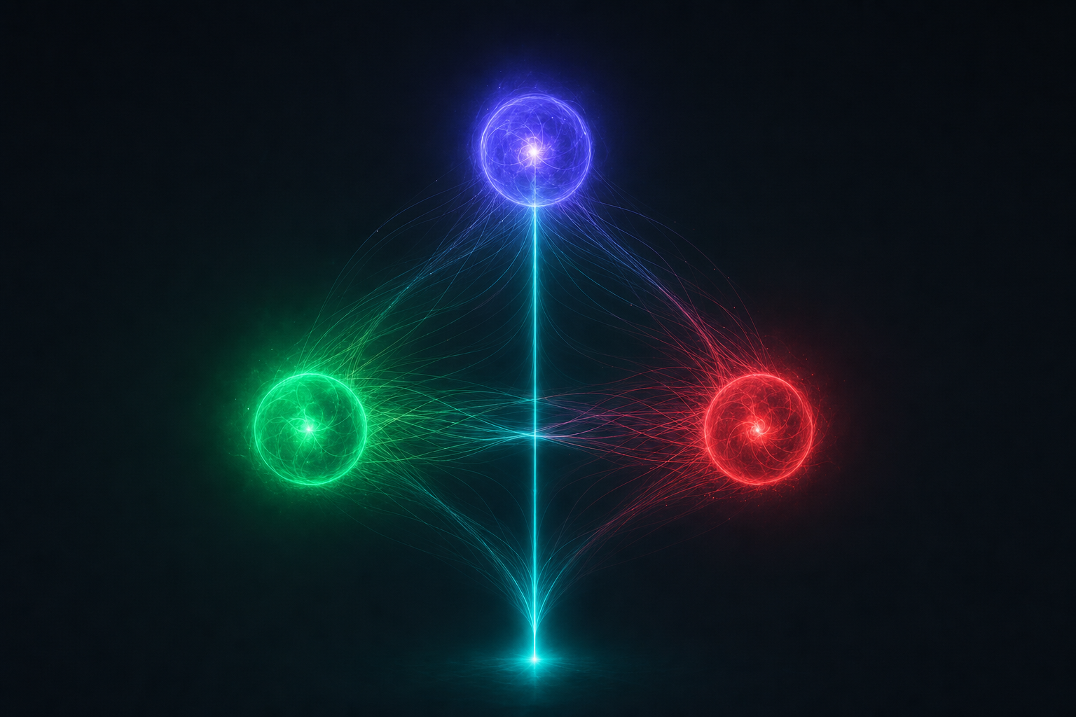 Three glowing orbs in a triangle representing bull, bear, and judge roles connected by luminous threads.
