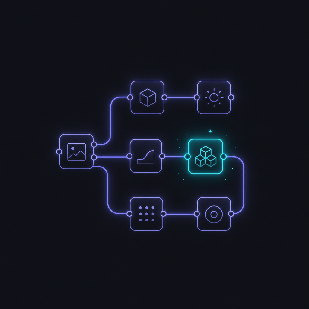 Abstract node graph illustration of a visual pipeline builder with composable tool blocks linked by glowing wires.